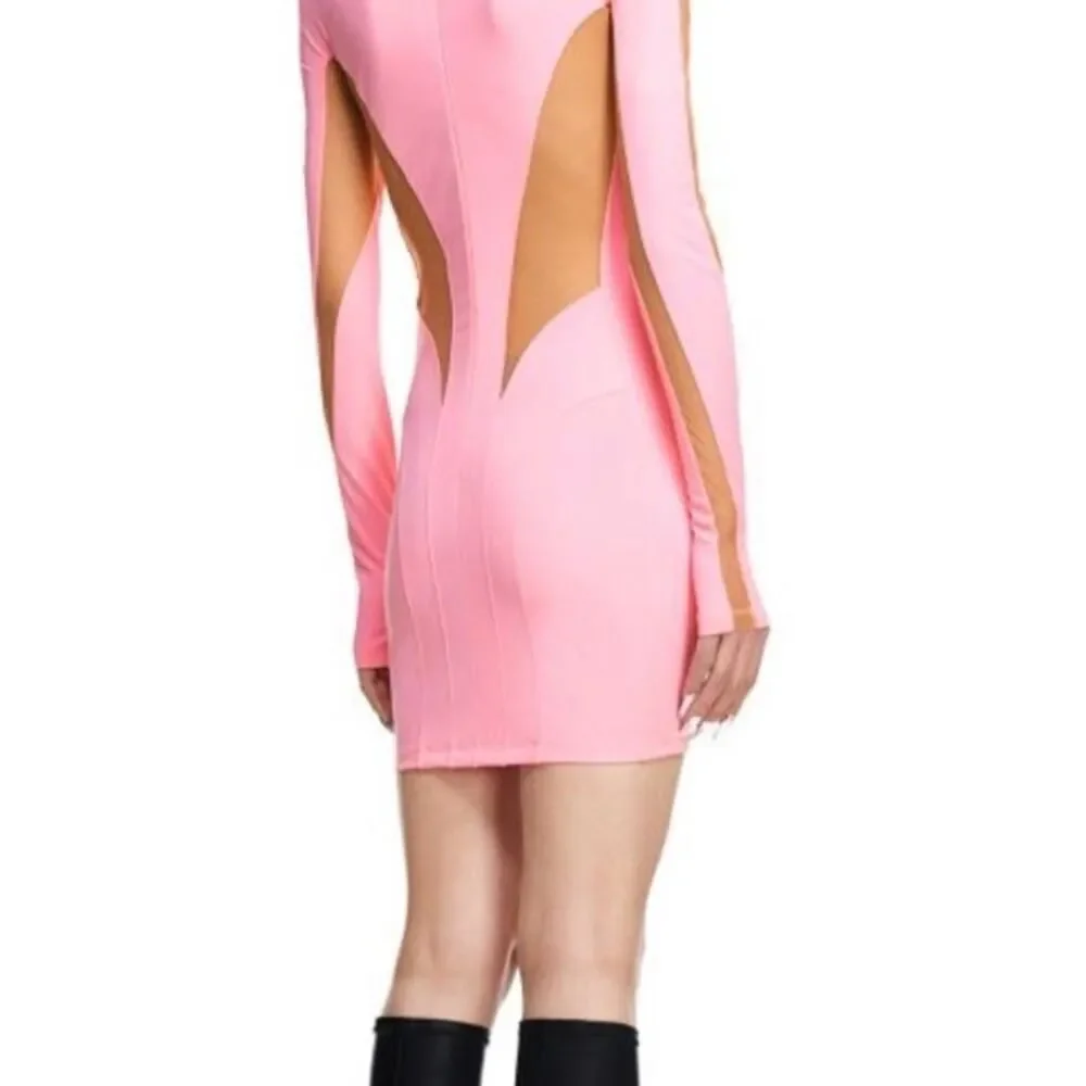 Mugler x H&M Pink Mesh Paneled Mini Dress Bodycon Long Sleeve 2XL - Picture 3 of 14